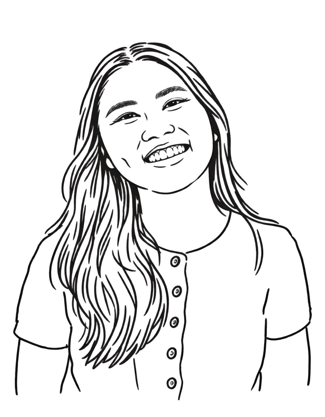 Hand-drawn portrait of Cassandra, the lash artist behind Boba Lash, smiling